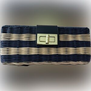 J. Crew RattanTwo-Tone Navy and Natural Clutch Bag with Gold Turn-Lock